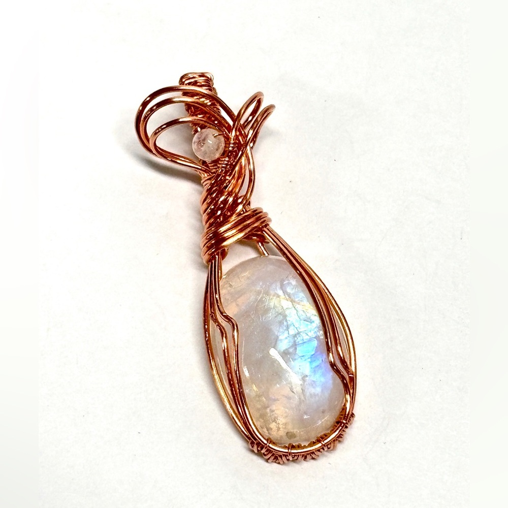 HANDMADE Moonstone Wire Wrapped Copper Feminine Pendant, Artisan Jewelry Gift